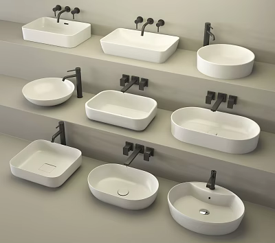 Various Stylish Bathroom Washbasin Designs With Different Shapes And Faucets On Shelves 3d model