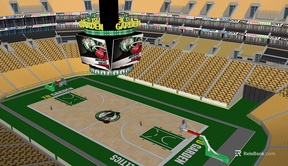 Spacious Basketball Arena Interior With Yellow Seats Large Scoreboard And Court 3d model 
