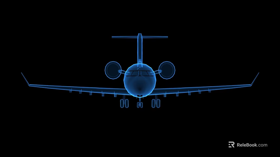 Passenger Plane Blue Wireframe Design On Black Background With Structural Details 3d model