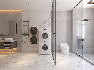 Modern Bathroom Interior Design With Marble Surfaces Washing Machine Dryer Glass Shower And Toilet 3d model
