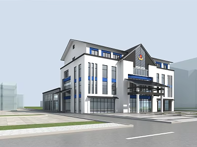Modern Multi Story Building With White Exterior Blue Stripes And Glass Windows 3d model
