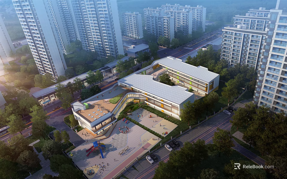 Modern School Building With Playground Area And Green Trees Surrounded By Residential Buildings 3d model 