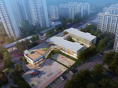 Modern School Building With Playground Area And Green Trees Surrounded By Residential Buildings 3d model