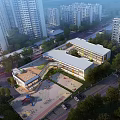 Modern School Building With Playground Area And Green Trees Surrounded By Residential Buildings