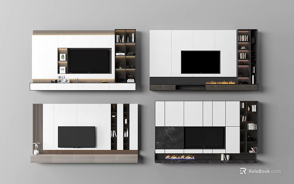 Modern TV Wall Interior Design With White Cabinets Black Panels And Storage Shelves 3d model 
