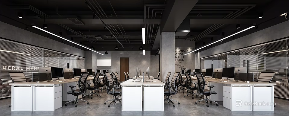 Modern Public Office Area Interior Design With Ergonomic Chairs Desks Computers And Open Layout 3d model 