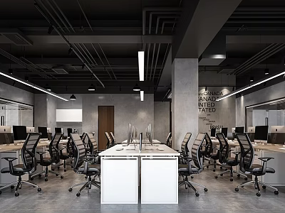 Modern Public Office Area Interior Design With Ergonomic Chairs Desks Computers And Open Layout 3d model