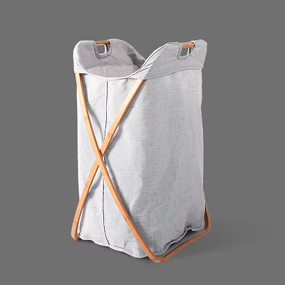 Gray Fabric Storage Basket With Wooden Cross Handles For Home Organization 3d model