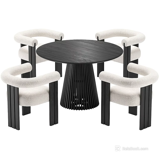 Round Black Dining Table with Ribbed Base and Four Light Colored Armchairs 3d model