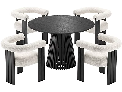 Round Black Dining Table with Ribbed Base and Four Light Colored Armchairs 3d model