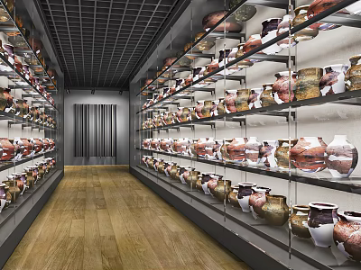 Spacious Pottery Exhibition Hall With Shelves Displaying Ceramic Vessels And Wooden Floor 3d model