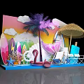 Colorful Beach Holiday Scene With Palm Tree Surfboards Flamingo And Straw Umbrella 3d model