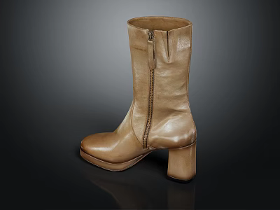 Brown Leather Mid Calf Round Toe Boots With Side Zipper And Block Heel Design 3d model