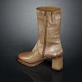 Brown Leather Mid Calf Round Toe Boots With Side Zipper And Block Heel Design