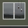 White Double Doors Window With Mountain View And Hanging Bulb Pendant Lights 3d model