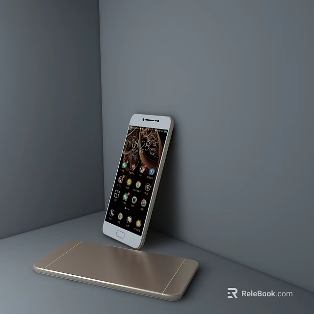 White Smartphone Display Showing Apps And Golden Device On Grey Surface 3d model