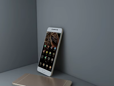 White Smartphone Display Showing Apps And Golden Device On Grey Surface 3d model