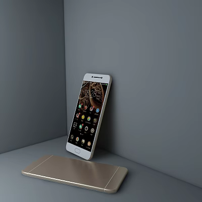 White Smartphone Display Showing Apps And Golden Device On Grey Surface 3d model