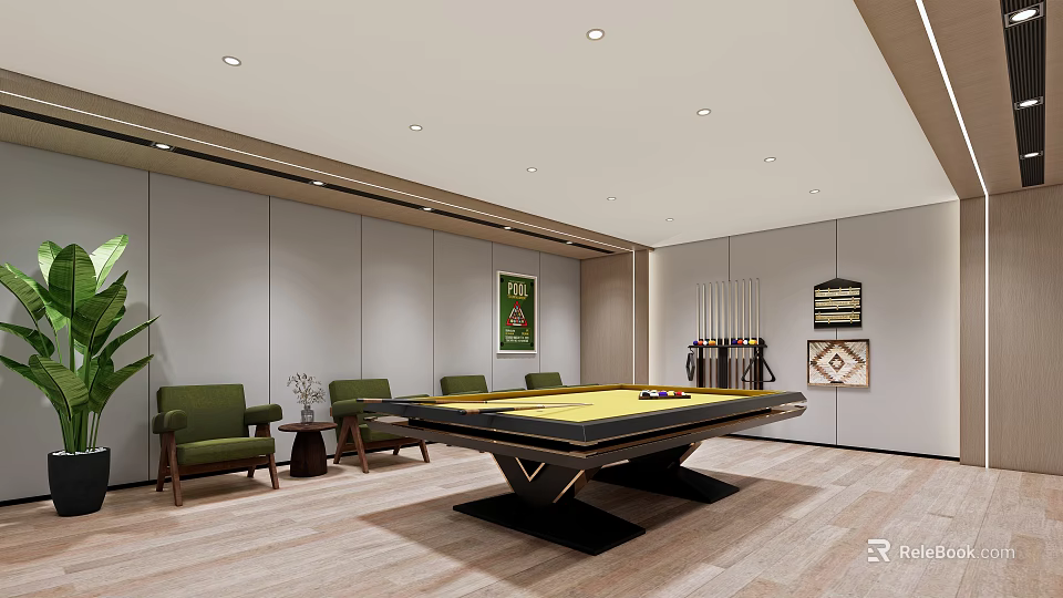 Modern Billiard Room With Pool Table Green Chairs And Cue Rack 3d model 