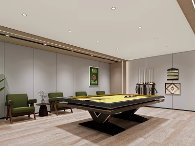 Modern Billiard Room With Pool Table Green Chairs And Cue Rack 3d model