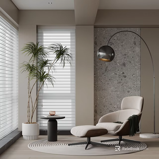 Modern Living Room With Palm Plant Window Blinds Arched Floor Lamp And Beige Armchair 3d model 