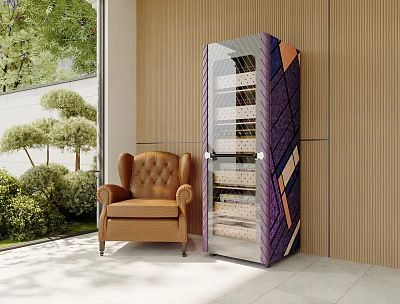 Modern Decorative Cabinet With Glass Door Purple Orange Accents Shelves Brown Armchair And Garden View 3d model