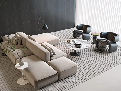 Modern Sofa And Coffee Table Set With Beige Sectional Black Accent Chairs And Area Rug 3d model