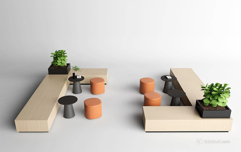 Modern Public Seating Design With Wooden Benches Orange Stools And Green Potted Plants 3d model 