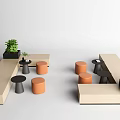 Modern Public Seating Design With Wooden Benches Orange Stools And Green Potted Plants