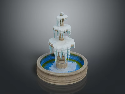 Three Tiered Decorative Fountain With Snow Covered Icicles Round Base And Blue Green Water 3d model