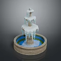 Three Tiered Decorative Fountain With Snow Covered Icicles Round Base And Blue Green Water