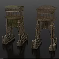 Wooden Watchtower Structures Featuring Thatch Roofs And Stone Base Supports With Decorative Frames 3d model