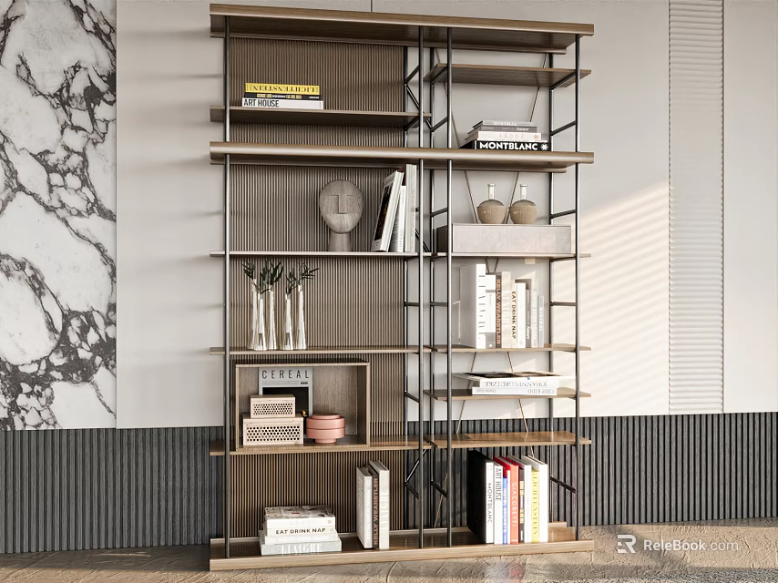 Modern Open Shelves Wooden Bookcase with Books Decorative Vases Frames and Stylish Design 3d model 