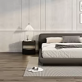 Modern Double Bed with Grey Headboard White Mattress Side Tables Bedside Lamp and Wall Art