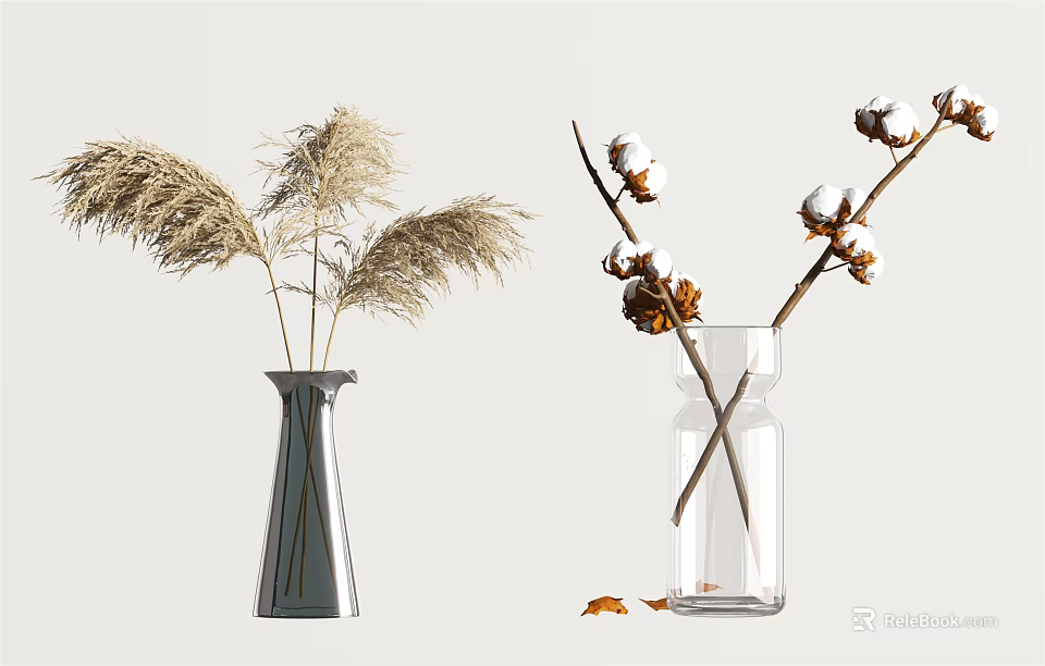 Silver Striped Vase With Pampas Grass And Clear Glass Vase Holding Cotton Branches 3d model 