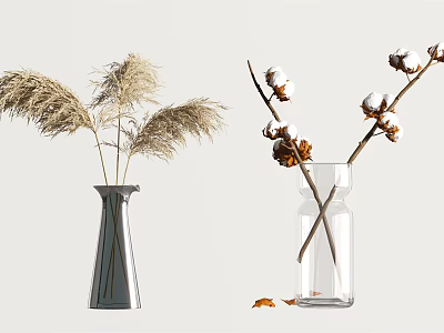 Silver Striped Vase With Pampas Grass And Clear Glass Vase Holding Cotton Branches 3d model