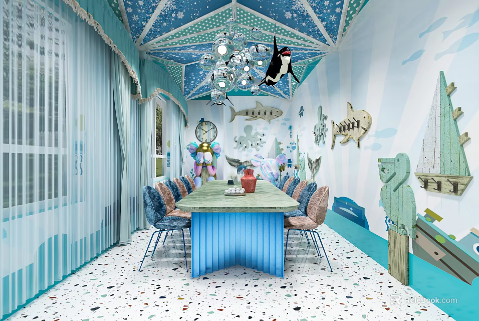 Ocean Theme Private Room Interior With Marine Decorations Chandelier And Table Chairs 3d model 