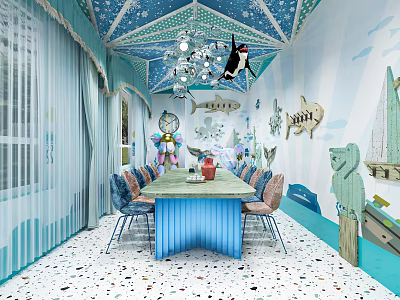 Ocean Theme Private Room Interior With Marine Decorations Chandelier And Table Chairs 3d model