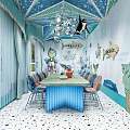 Ocean Theme Private Room Interior With Marine Decorations Chandelier And Table Chairs