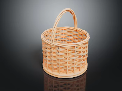 Stylish Light Colored Round Wicker Basket With Handle And Woven Design 3d model