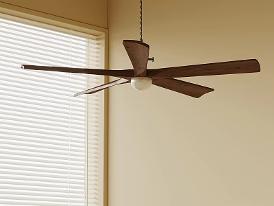 Stylish Brown Ceiling Fan Light With White Blades In Room With Window Blinds 3d model