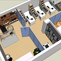 Modern Office Space with Open Layout Staircase Bookshelf and Desk Chairs Setup