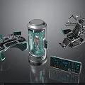 Futuristic Tech Components With Transparent Cylinder Control Console Mechanical Chair And Tablet