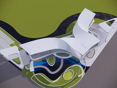 Modern Sales Office Building With Flowing Curved Design And Green Landscape 3d model