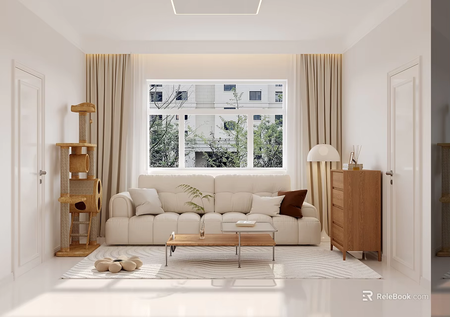 Modern Living Room Interior With Beige Sofa Wooden Cabinet Window Curtains And Green Plant 3d model 