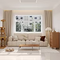 Modern Living Room Interior With Beige Sofa Wooden Cabinet Window Curtains And Green Plant