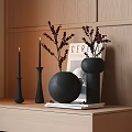 Elegant Black Decorative Ornament Set with Vases Candle Holders Dried Flowers Magazine on Wooden Shelf