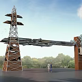 Modern Entrance Gate With Geometric Metal Frame Tower And People Near Green Trees