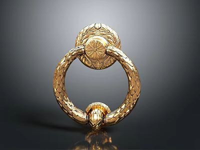 Golden Ornate Ring Shaped Door Handle With Intricate Carved Patterns And Detailed Design 3d model