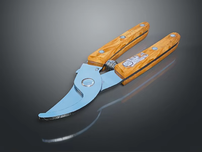 Garden Pruning Shears With Wooden Handle Curved Metal Blade And Spring Mechanism 3d model